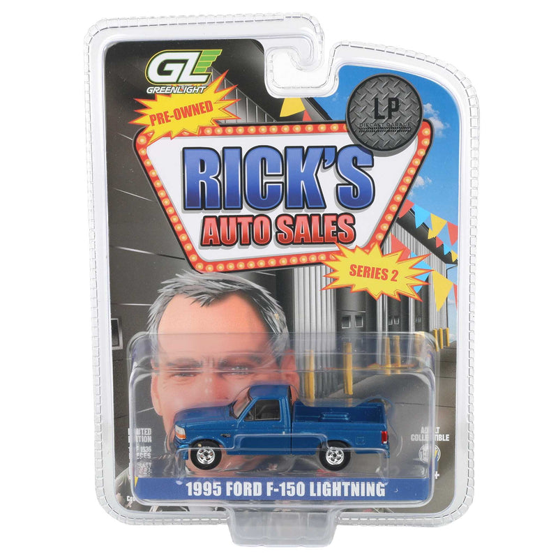 1/64 1995 Ford F-150 Lightning Pickup Truck, Sonic Blue, Rick's Auto Sales Series 2 by GreenLight Collectibles