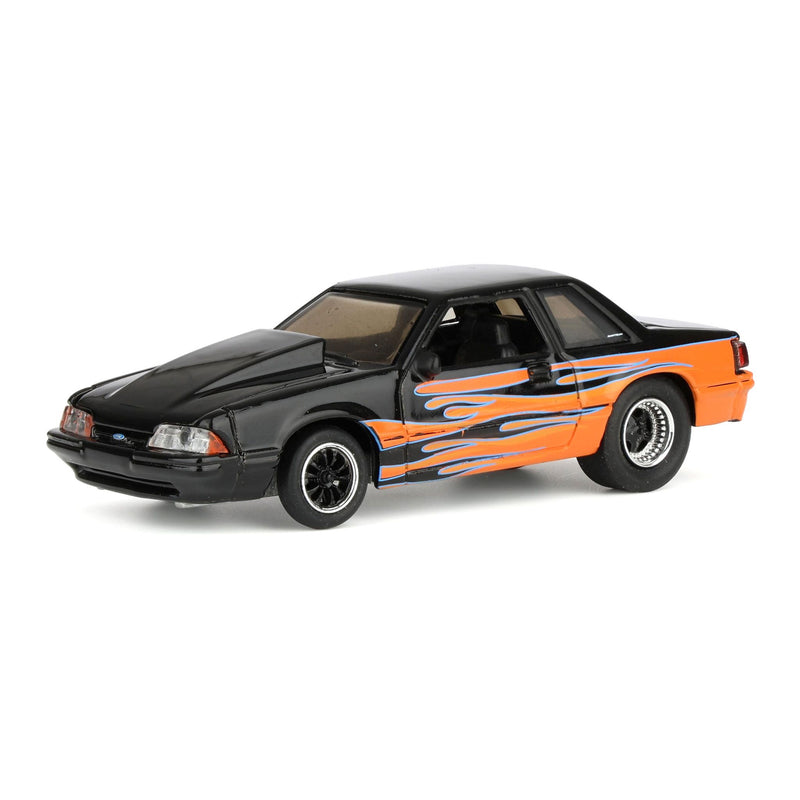 1/64 1990 Ford Mustang LX, Orange with Black Flames, Rick's Auto Sales Series 2 by GreenLight Collectibles