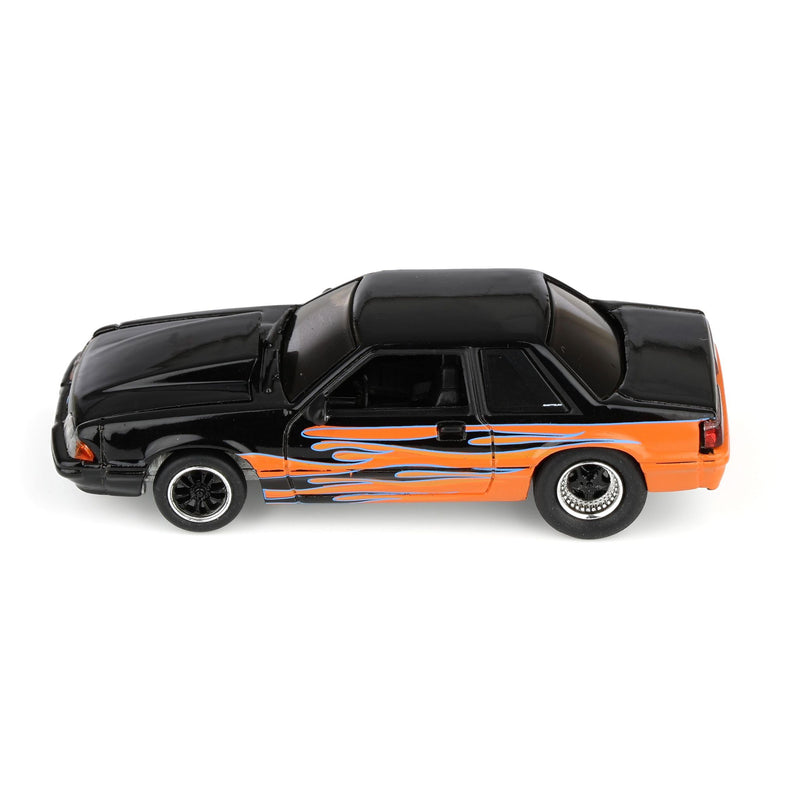 1/64 1990 Ford Mustang LX, Orange with Black Flames, Rick's Auto Sales Series 2 by GreenLight Collectibles