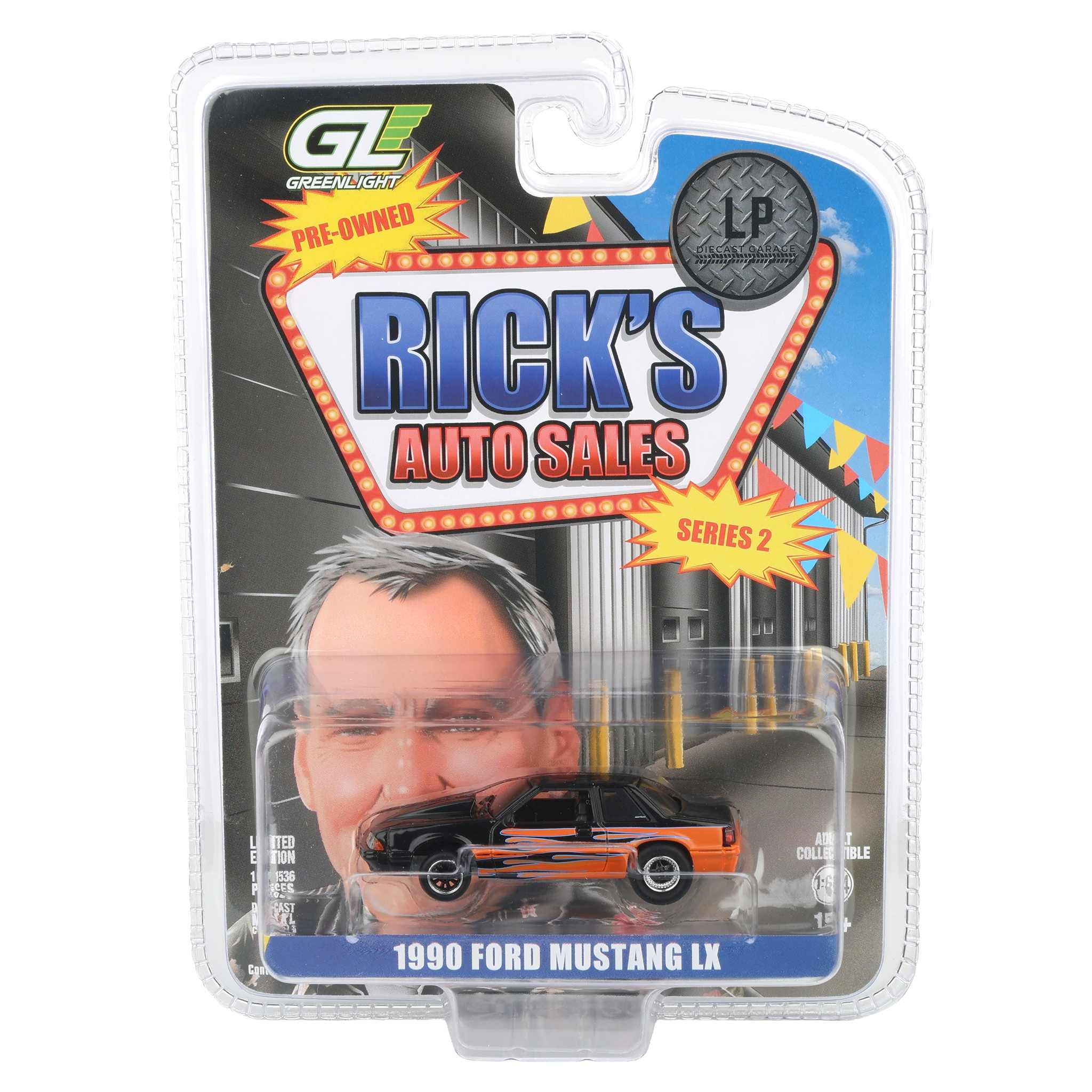 1/64 1990 Ford Mustang LX, Orange with Black Flames, Rick's Auto