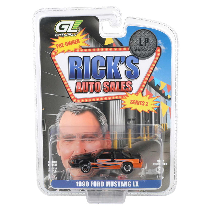1/64 1990 Ford Mustang LX, Orange with Black Flames, Rick's Auto Sales Series 2 by GreenLight Collectibles