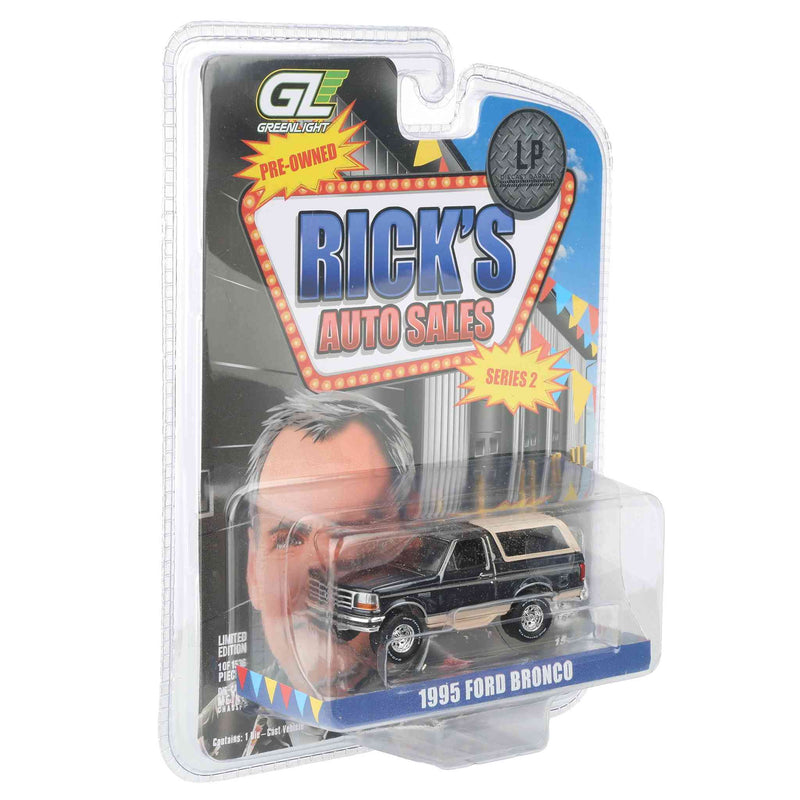 Black Chrome Chase Unit ~ 1/64 1995 Ford Bronco, Black with Tan Roof, Rick's Auto Sales Series 2 by GreenLight Collectibles