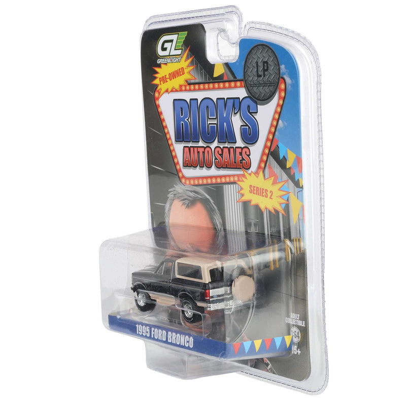 Black Chrome Chase Unit ~ 1/64 1995 Ford Bronco, Black with Tan Roof, Rick's Auto Sales Series 2 by GreenLight Collectibles