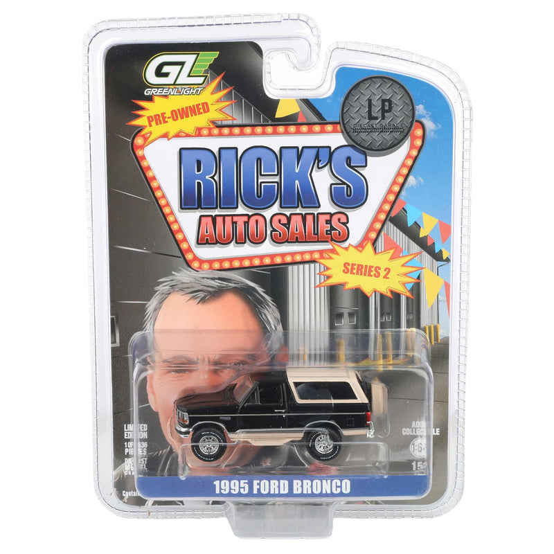 1/64 1995 Ford Bronco, Black with Tan Roof, Rick's Auto Sales Series 2 by GreenLight Collectibles