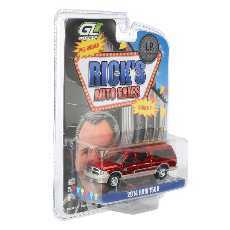 Red Chrome Chase Unit ~ 1/64 2015 Ram 1500 Longhorn Pickup Truck with Cap, Red & Gold, Rick's Auto Sales Series 2 by GreenLight Collectibles