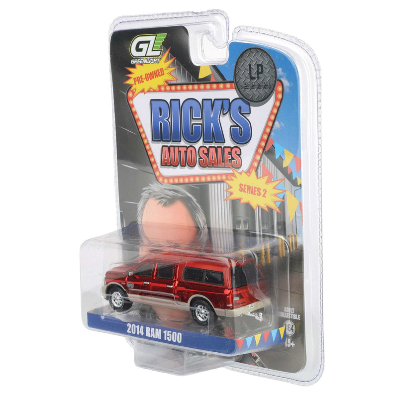 Red Chrome Chase Unit ~ 1/64 2015 Ram 1500 Longhorn Pickup Truck with Cap, Red & Gold, Rick's Auto Sales Series 2 by GreenLight Collectibles