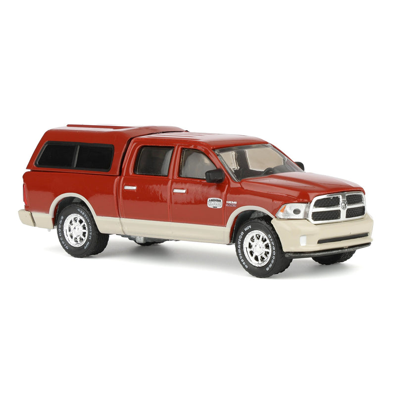 (B&D) 1/64 2015 Ram 1500 Longhorn Pickup Truck with Cap, Red & Gold, Rick's Auto Sales Series 2 by GreenLight Collectibles - Damaged Box