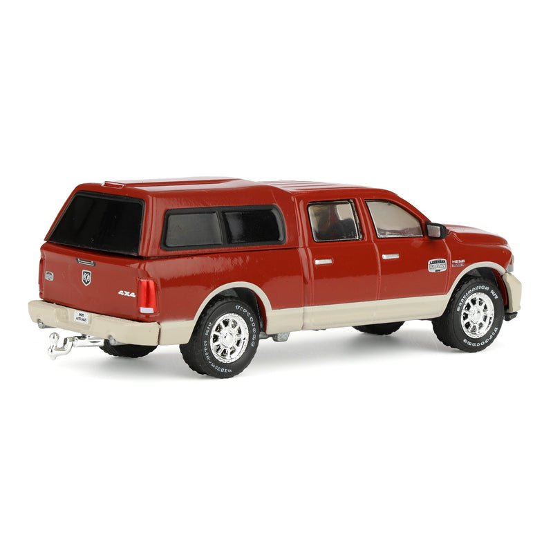 (B&D) 1/64 2015 Ram 1500 Longhorn Pickup Truck with Cap, Red & Gold, Rick's Auto Sales Series 2 by GreenLight Collectibles - Damaged Box