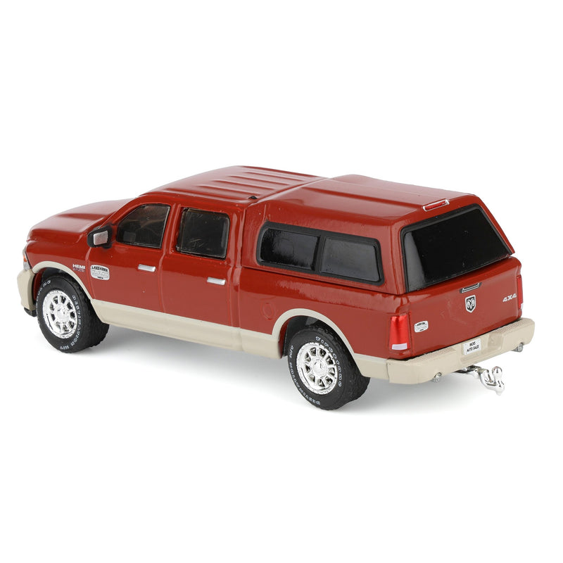(B&D) 1/64 2015 Ram 1500 Longhorn Pickup Truck with Cap, Red & Gold, Rick's Auto Sales Series 2 by GreenLight Collectibles - Damaged Box