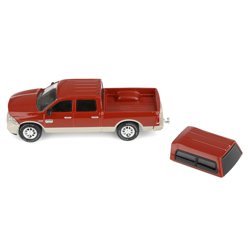 (B&D) 1/64 2015 Ram 1500 Longhorn Pickup Truck with Cap, Red & Gold, Rick's Auto Sales Series 2 by GreenLight Collectibles - Damaged Box