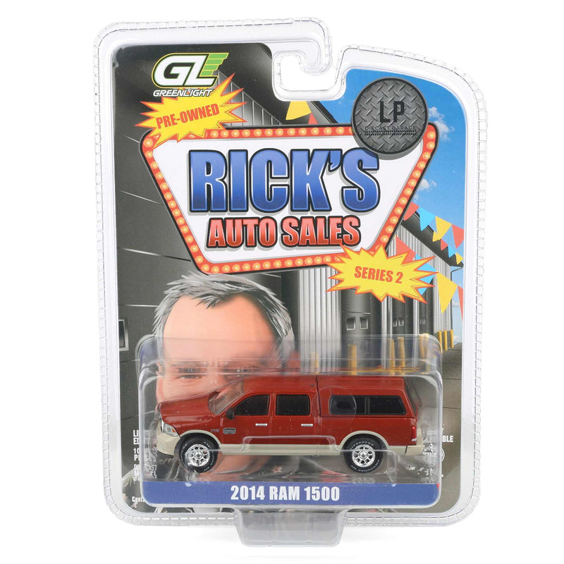 (B&D) 1/64 2015 Ram 1500 Longhorn Pickup Truck with Cap, Red & Gold, Rick's Auto Sales Series 2 by GreenLight Collectibles - Damaged Box