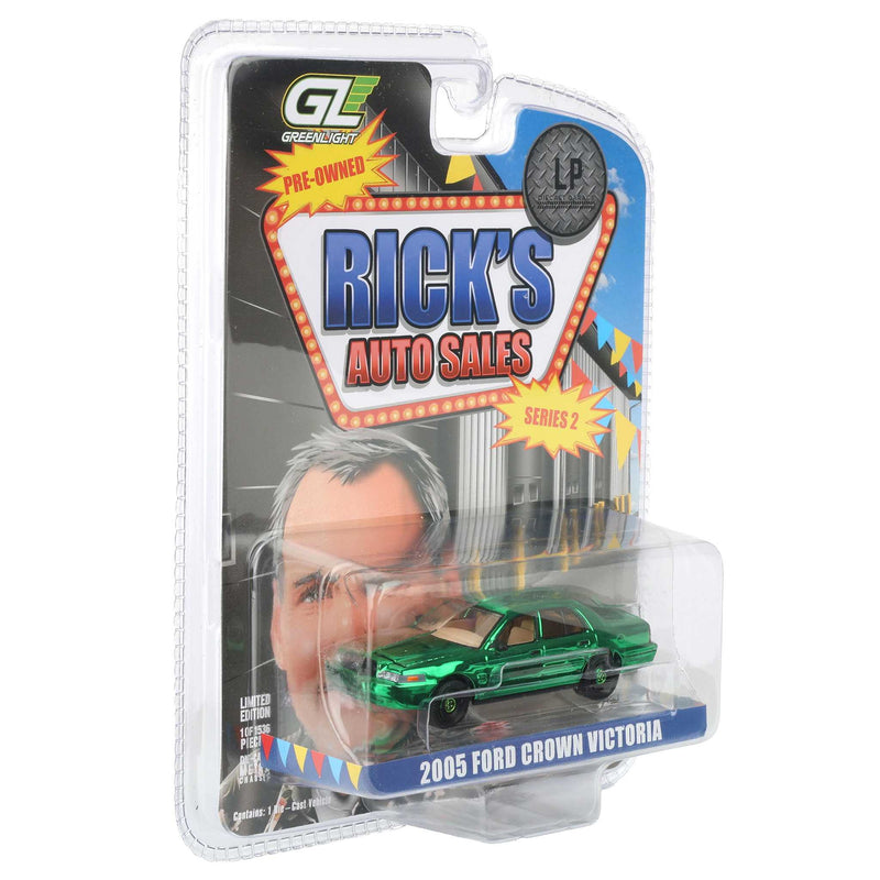 Green Chrome Chase Unit ~ 1/64 2005 Ford Crown Victoria Ex-Cop Car, Rick's Auto Sales Series 2 by GreenLight Collectibles