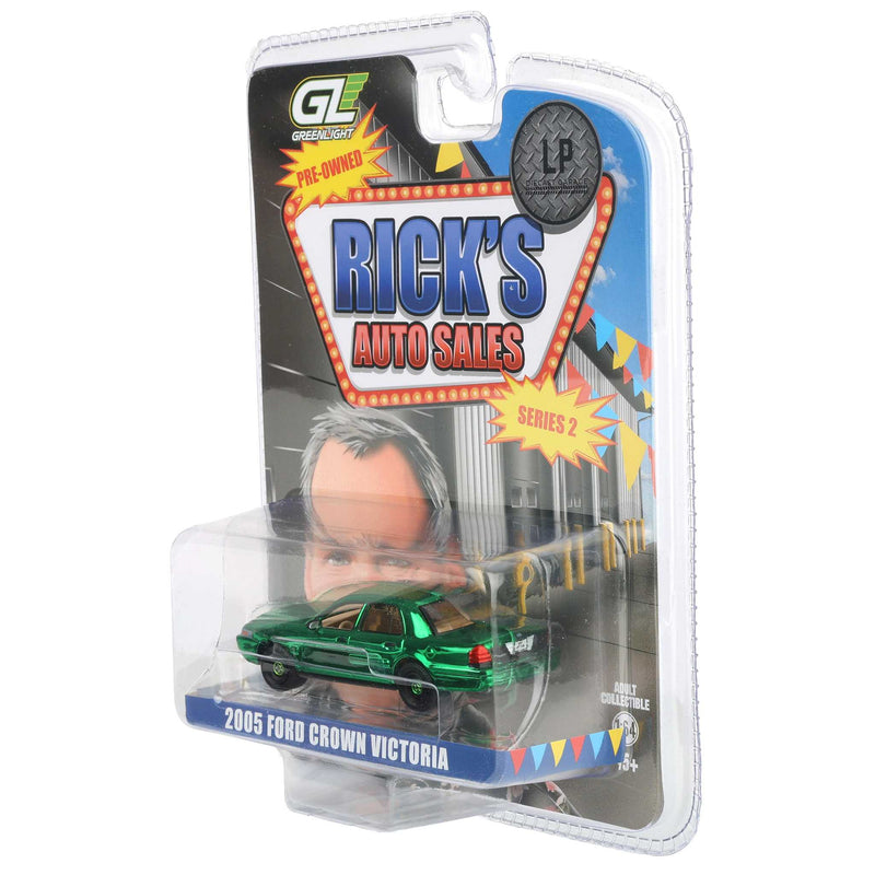 Green Chrome Chase Unit ~ 1/64 2005 Ford Crown Victoria Ex-Cop Car, Rick's Auto Sales Series 2 by GreenLight Collectibles