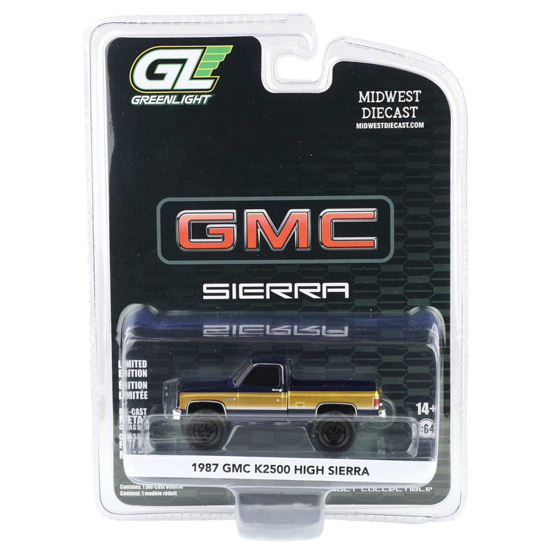 1/64 Lifted 1987 GMC K2500 High Sierra Pickup Truck, Stone Blue Metallic & Gold Dealer Exclusive by GreenLight Collectibles
