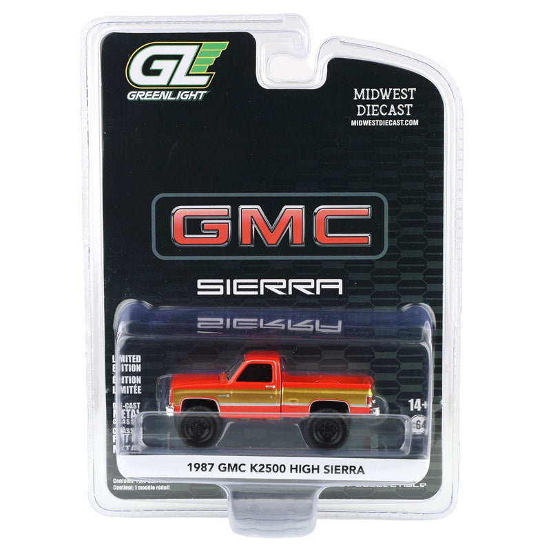 1/64 Lifted 1987 GMC K2500 High Sierra Pickup Truck, Volcanic Red & Gold Dealer Exclusive by GreenLight Collectibles