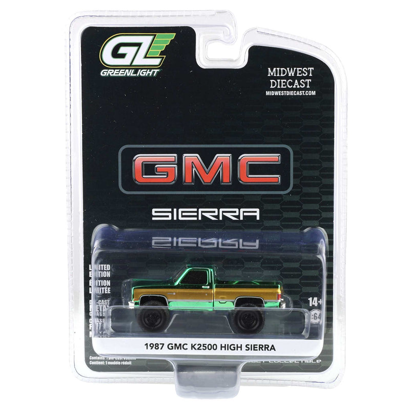 Green Chrome Chase Unit ~ 1/64 Lifted 1987 GMC K2500 High Sierra Pickup Truck, Dealer Exclusive by GreenLight Collectibles