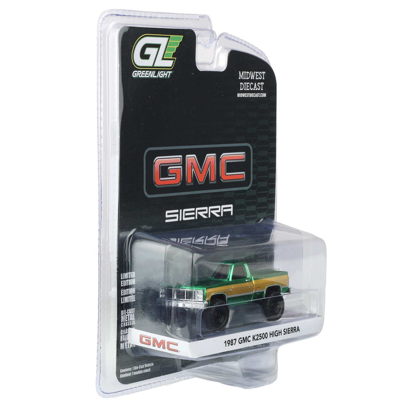 Green Chrome Chase Unit ~ 1/64 Lifted 1987 GMC K2500 High Sierra Pickup Truck, Dealer Exclusive by GreenLight Collectibles