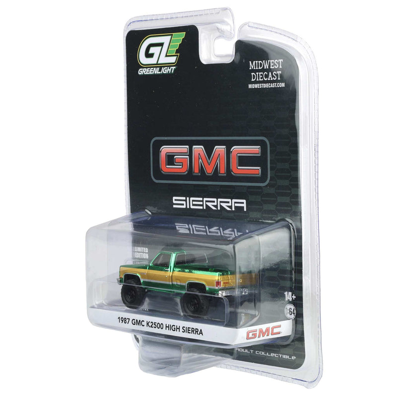 Green Chrome Chase Unit ~ 1/64 Lifted 1987 GMC K2500 High Sierra Pickup Truck, Dealer Exclusive by GreenLight Collectibles