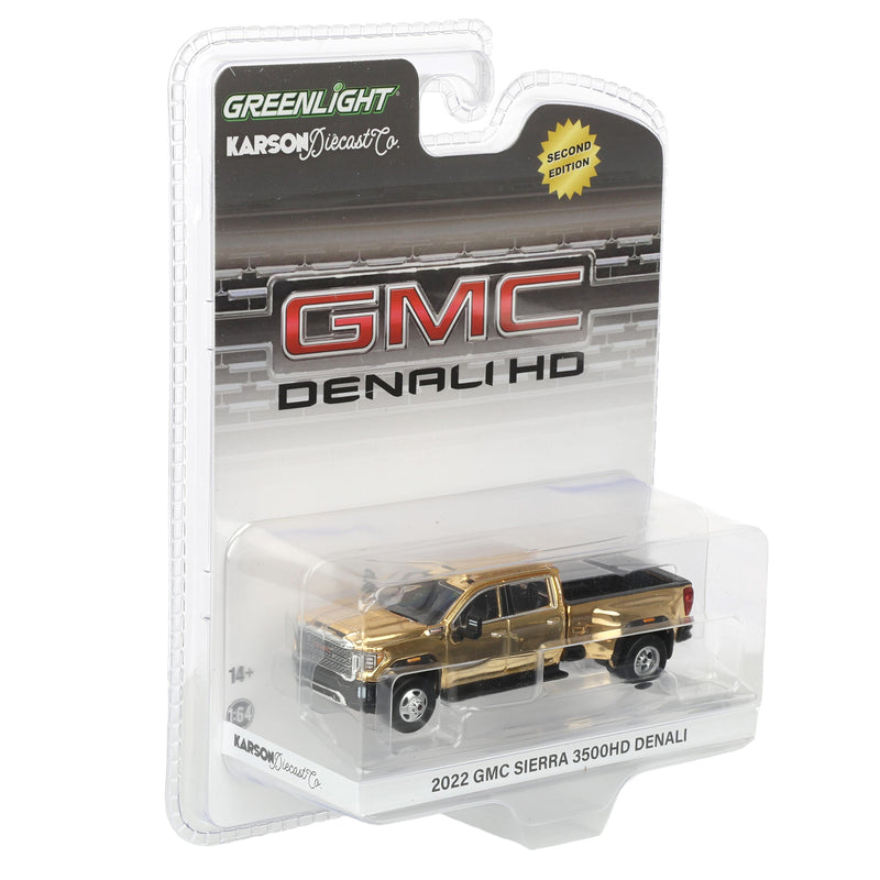 Gold Chrome Chase Unit ~ 1/64 2022 GMC Sierra 3500 Denali Dually Pickup Truck by GreenLight Collectibles