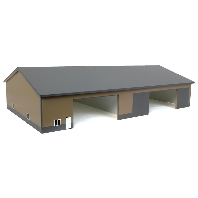 1/64 Tan & Gray 2 Door 70ft x 130ft Wooden Implement Pole Building with Divided Shop Area