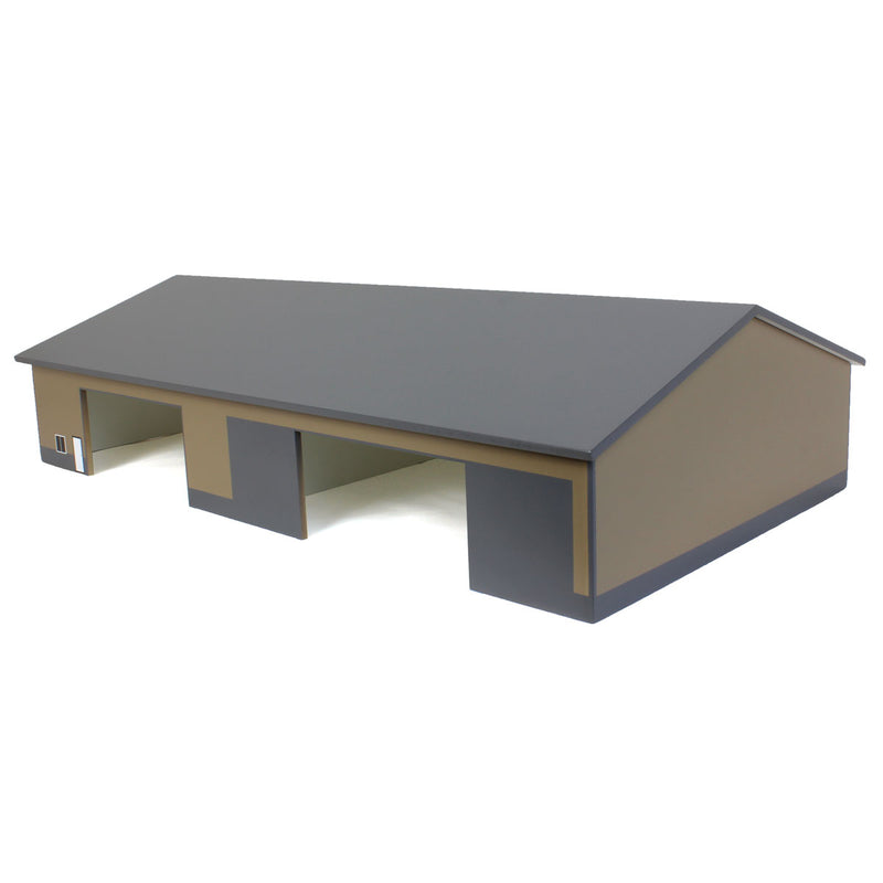 1/64 Tan & Gray 2 Door 70ft x 130ft Wooden Implement Pole Building with Divided Shop Area