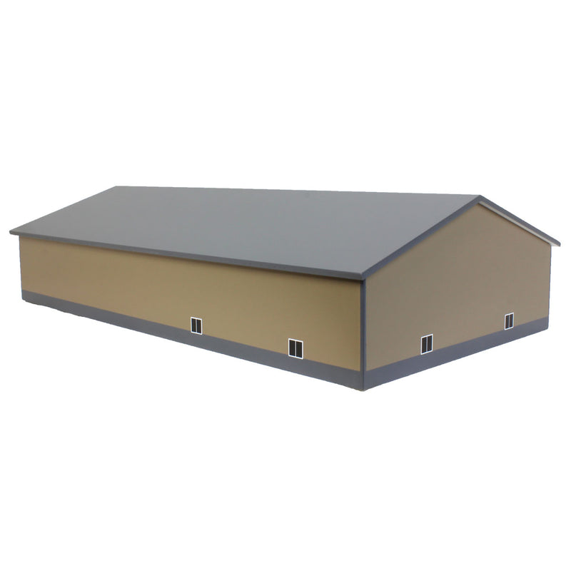 1/64 Tan & Gray 2 Door 70ft x 130ft Wooden Implement Pole Building with Divided Shop Area