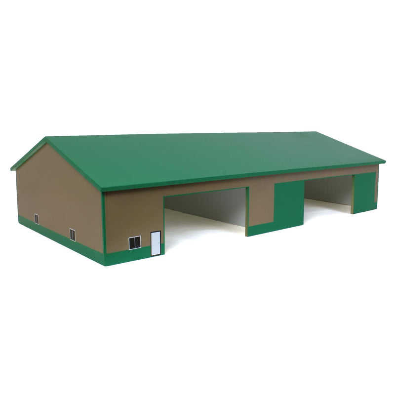1/64 Tan & Green 2 Door 70ft x 130ft Wooden Implement Pole Building with Divided Shop Area