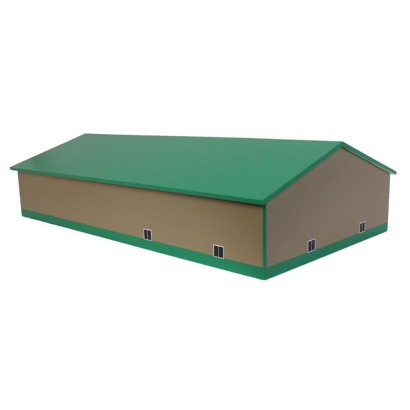 1/64 Tan & Green 2 Door 70ft x 130ft Wooden Implement Pole Building with Divided Shop Area