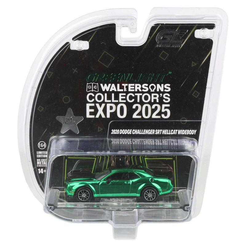 Green Chrome Chase Unit ~ 1/64 2020 Dodge Challenger SRT Hellcat Widebody, F8 Green with Indiana Stripe, 2025 GreenLight Waltersons Product Expo Exclusive
