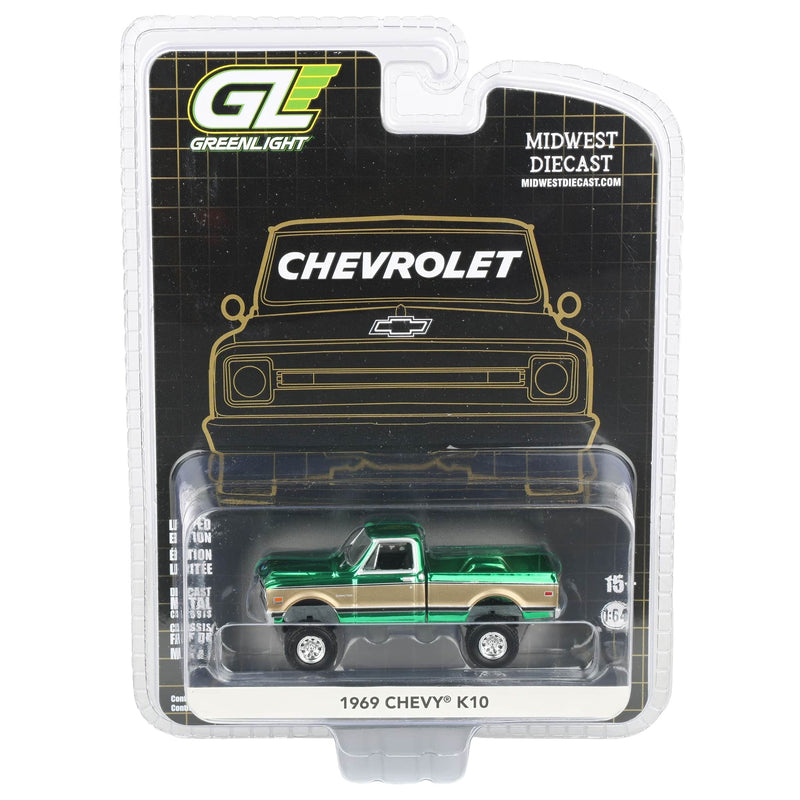 Green Chrome Chase Unit ~ 1/64 Lifted 1969 Chevrolet K10 Pickup Truck, Green & Gold, Dealer Exclusive by GreenLight Collectibles
