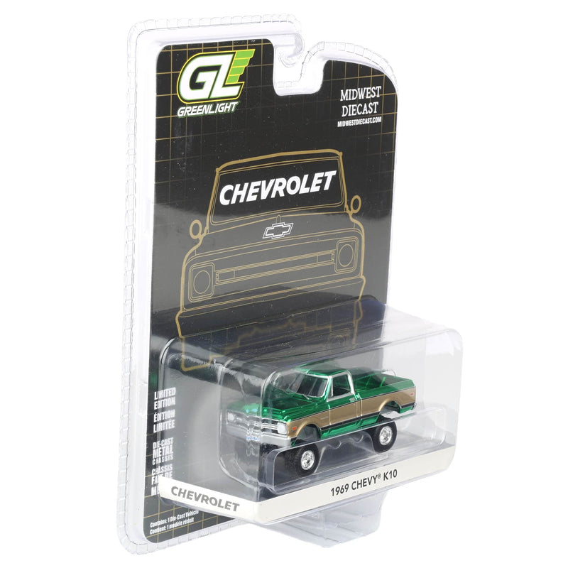 Green Chrome Chase Unit ~ 1/64 Lifted 1969 Chevrolet K10 Pickup Truck, Green & Gold, Dealer Exclusive by GreenLight Collectibles