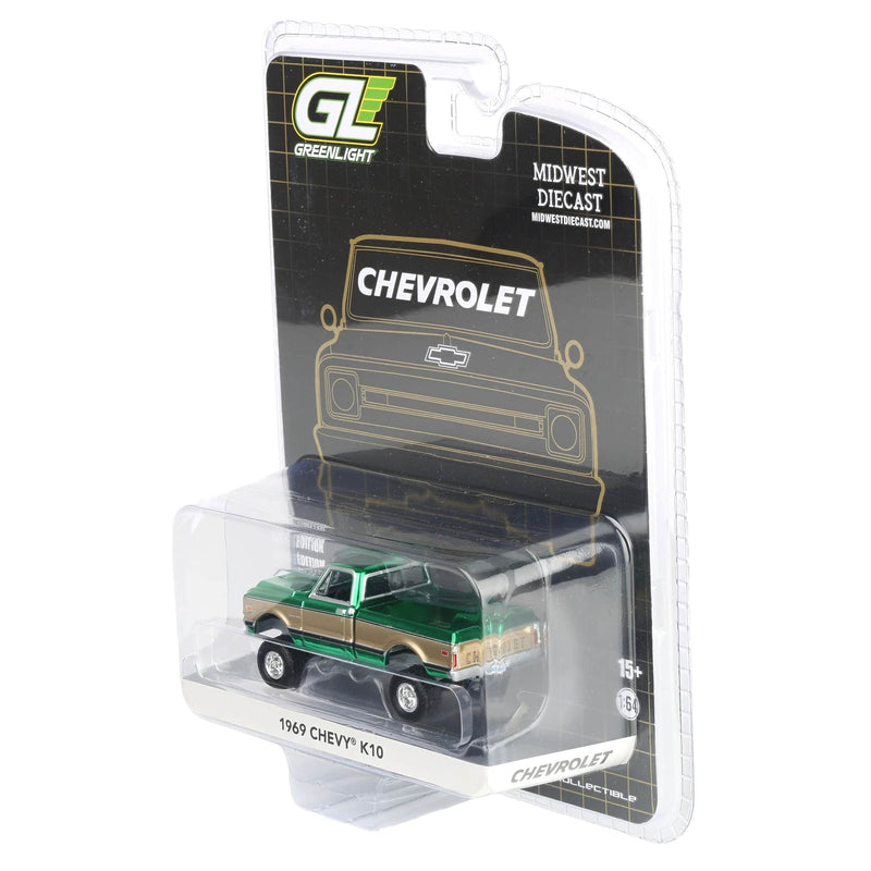 Green Chrome Chase Unit ~ 1/64 Lifted 1969 Chevrolet K10 Pickup Truck, Green & Gold, Dealer Exclusive by GreenLight Collectibles