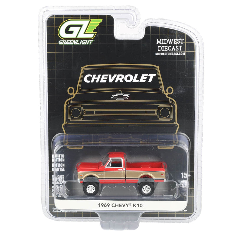 1/64 Lifted 1969 Chevrolet K10 Pickup Truck, Red & Gold, Dealer Exclusive by GreenLight Collectibles