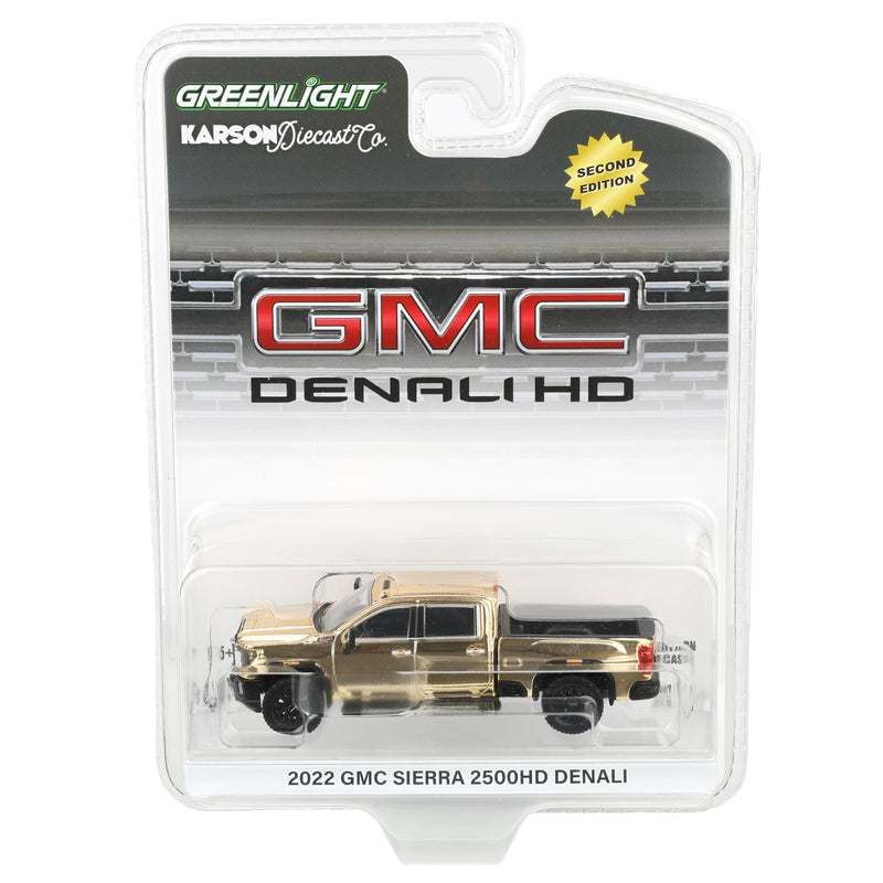 Gold Chrome Chase Unit ~ 1/64 2022 GMC Sierra 2500 Denali Pickup Truck, Onyx Black (2nd Edition) by GreenLight Collectibles