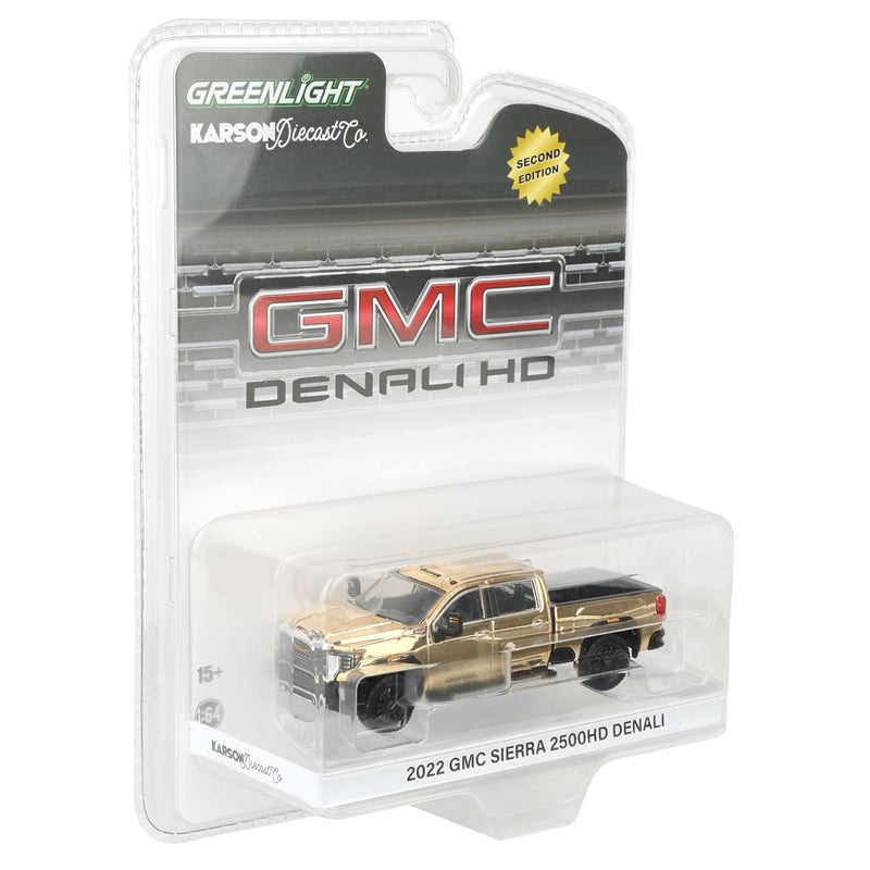 Gold Chrome Chase Unit ~ 1/64 2022 GMC Sierra 2500 Denali Pickup Truck, Onyx Black (2nd Edition) by GreenLight Collectibles