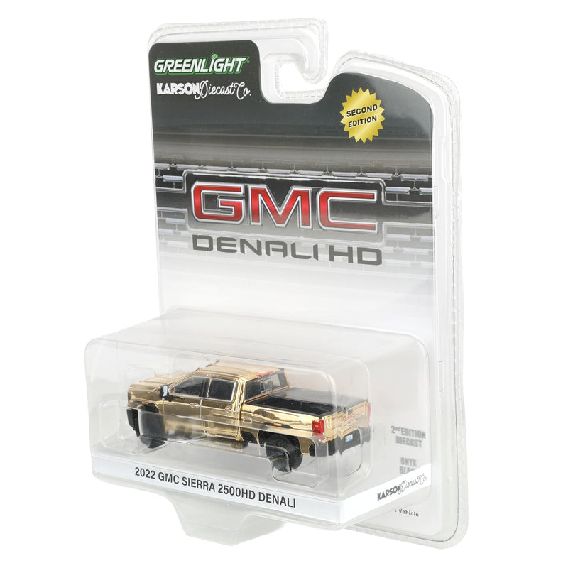 Gold Chrome Chase Unit ~ 1/64 2022 GMC Sierra 2500 Denali Pickup Truck, Onyx Black (2nd Edition) by GreenLight Collectibles