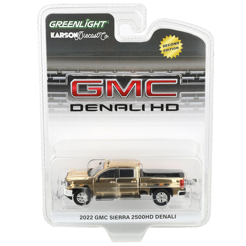 Gold Chrome Chase Unit ~ 1/64 2022 GMC Sierra 2500 Denali Pickup Truck, Summit White (2nd Edition) by GreenLight Collectibles