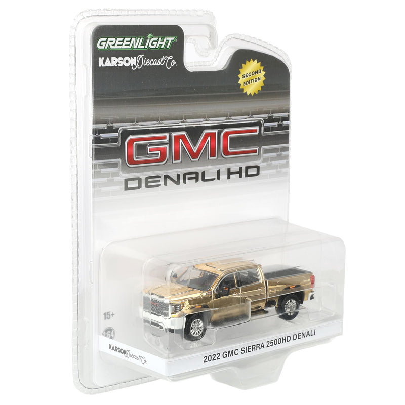 Gold Chrome Chase Unit ~ 1/64 2022 GMC Sierra 2500 Denali Pickup Truck, Summit White (2nd Edition) by GreenLight Collectibles