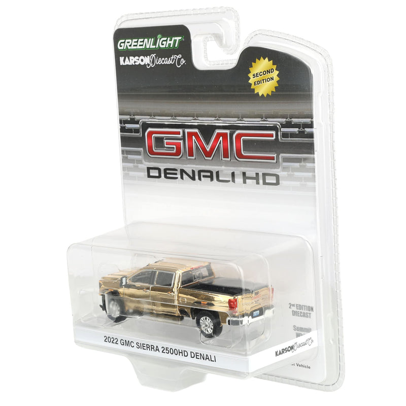 Gold Chrome Chase Unit ~ 1/64 2022 GMC Sierra 2500 Denali Pickup Truck, Summit White (2nd Edition) by GreenLight Collectibles
