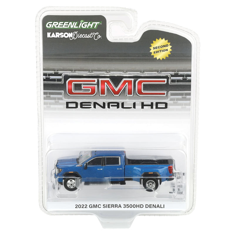 1/64 2022 GMC Sierra 3500 Denali Dually Pickup Truck, Pacific Blue (2nd Edition) by GreenLight Collectibles