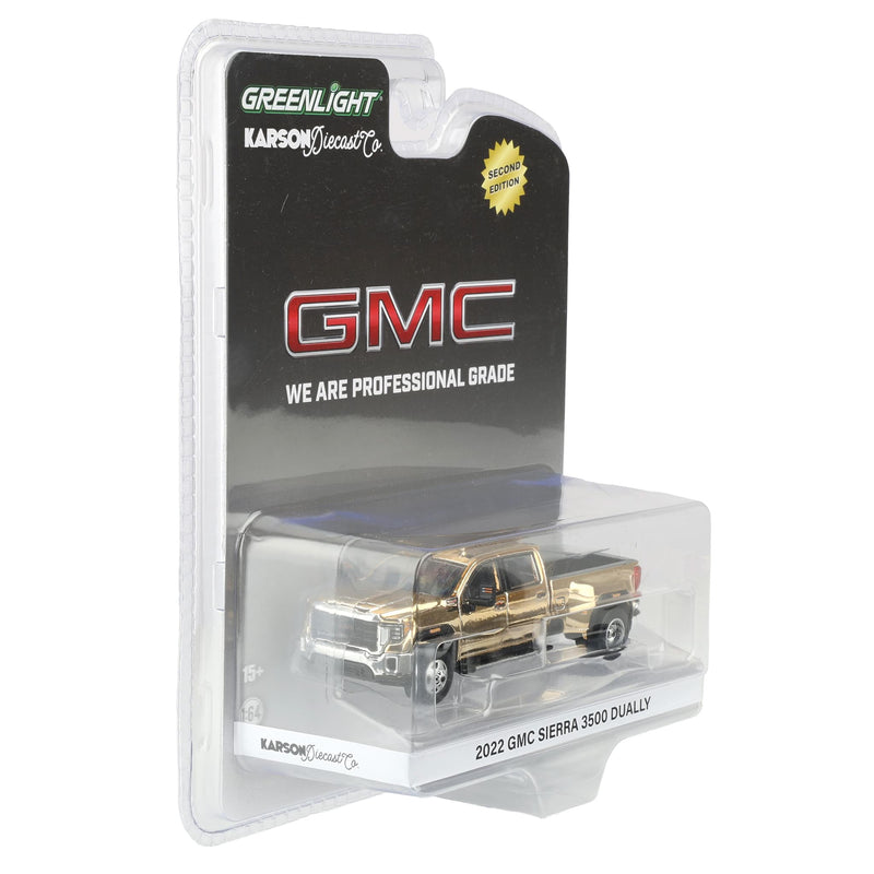 Gold Chrome Chase Unit ~ 1/64 2022 GMC Sierra 3500 Denali Dually Pickup Truck (2nd Edition) by GreenLight Collectibles