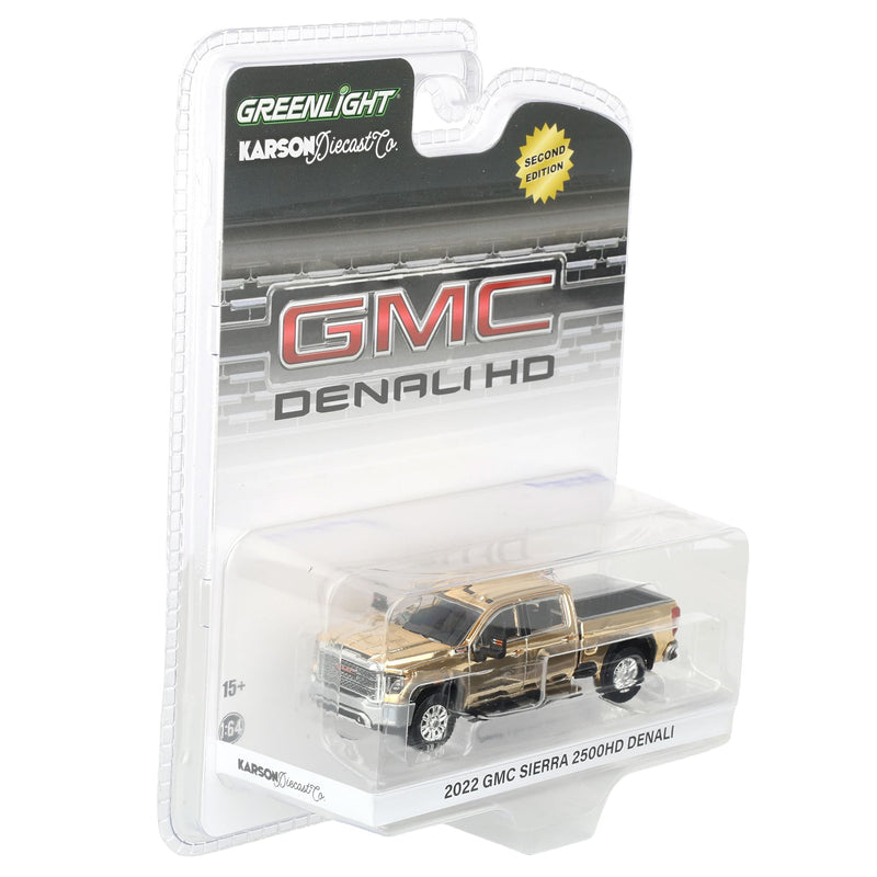 Gold Chrome Chase Unit ~ 1/64 2022 GMC Sierra 2500 Denali Pickup Truck, Quicksilver Metallic (2nd Edition) by GreenLight Collectibles