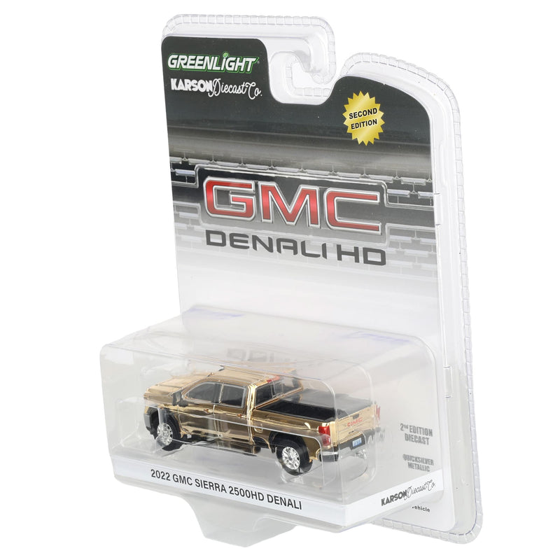 Gold Chrome Chase Unit ~ 1/64 2022 GMC Sierra 2500 Denali Pickup Truck, Quicksilver Metallic (2nd Edition) by GreenLight Collectibles