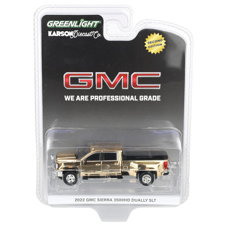 Gold Chrome Chase Unit ~ 1/64 2022 GMC Sierra 3500 Denali Dually Pickup Truck, Quicksilver Metallic (2nd Edition) by GreenLight Collectibles