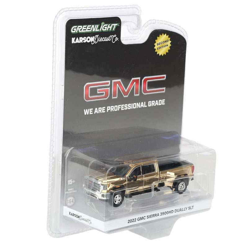 Gold Chrome Chase Unit ~ 1/64 2022 GMC Sierra 3500 Denali Dually Pickup Truck, Quicksilver Metallic (2nd Edition) by GreenLight Collectibles