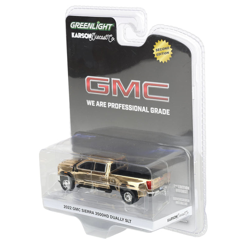 Gold Chrome Chase Unit ~ 1/64 2022 GMC Sierra 3500 Denali Dually Pickup Truck, Quicksilver Metallic (2nd Edition) by GreenLight Collectibles