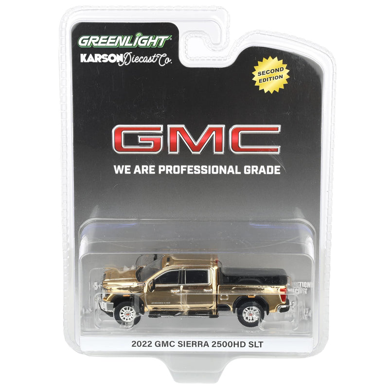 Gold Chrome Chase Unit ~ 1/64 2022 GMC Sierra 3500 Denali Pickup Truck, Ebony Twilight Metallic (2nd Edition) by GreenLight Collectibles