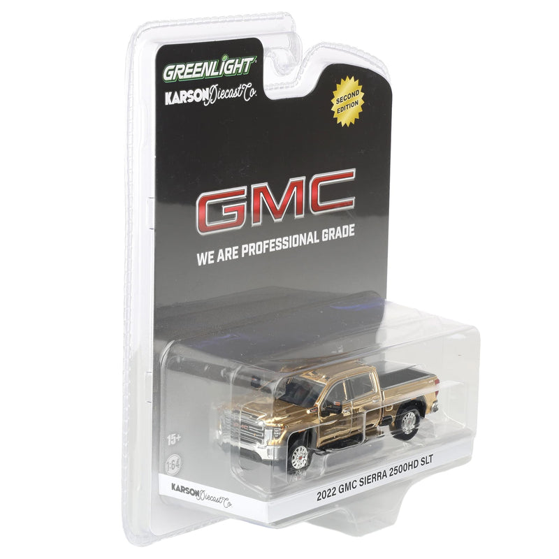 Gold Chrome Chase Unit ~ 1/64 2022 GMC Sierra 3500 Denali Pickup Truck, Ebony Twilight Metallic (2nd Edition) by GreenLight Collectibles