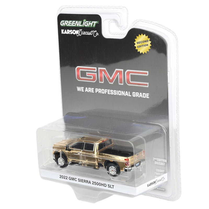 Gold Chrome Chase Unit ~ 1/64 2022 GMC Sierra 3500 Denali Pickup Truck, Ebony Twilight Metallic (2nd Edition) by GreenLight Collectibles