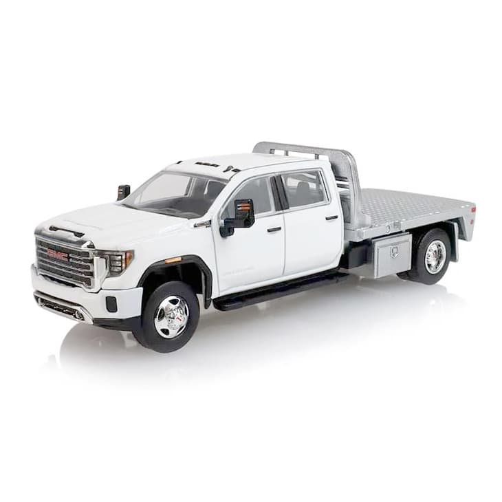 1/64 2022 GMC Sierra 3500 Pro Flatbed Pickup Truck in Summit White by GreenLight Collectibles, Dealer Exclusive